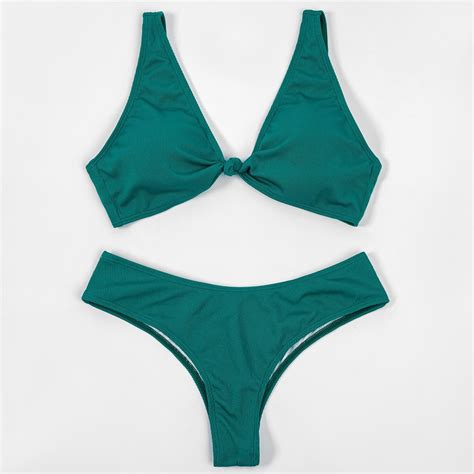 2 piece bikini new ins push up solid green lady swimsuit split knot grid string women bikini