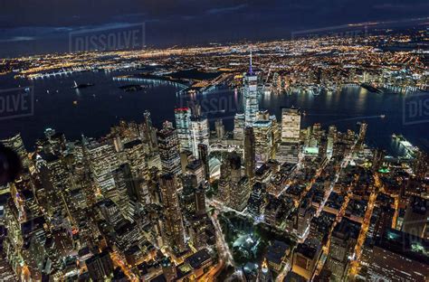 Usa New York New York City Manhattan Aerial View Of Illuminated