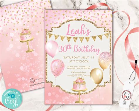 Pink Gold Glitter Birthday Balloons Invitation Printable Template Pink
