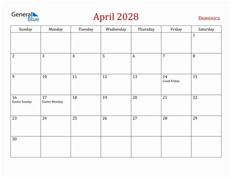 April 2028 Dominica Monthly Calendar With Holidays