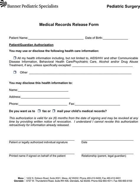 Arizona Medical Records Release Form Download Free Printable Blank
