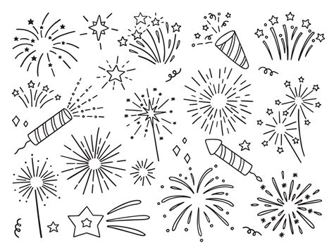 Hand Drawn Set Of Fireworks Doodle Fireckrackers In Sketch Style