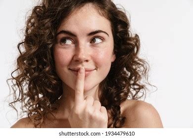 Halfnaked Curly Woman Smiling Showing Silence Stock Photo 1934479610