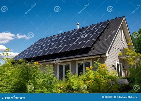 Solar Panels On The Roof Of The Small House Stock Illustration