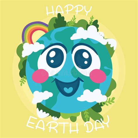 Happy Earth Planet Be Cartoon With Rainbow And Clouds Happy Earth Day