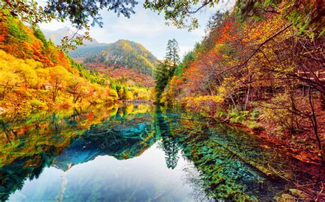 Download Wallpapers Jiuzhaigou National Park 4k Autumn Emerald Lake