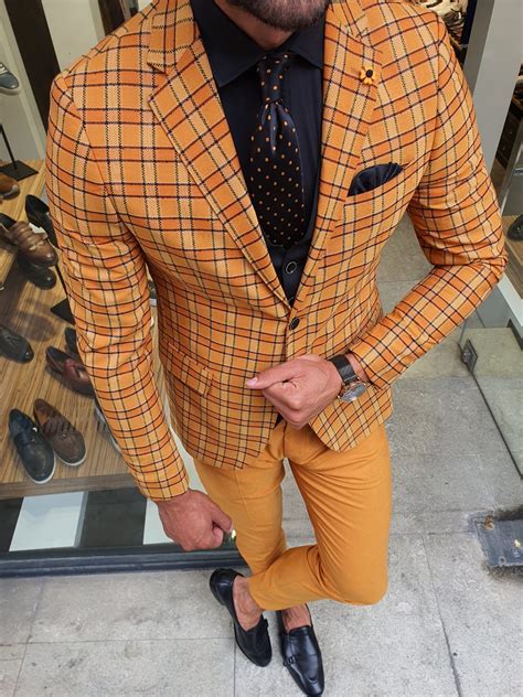 buy mustard slim fit plaid suit by with free shipping