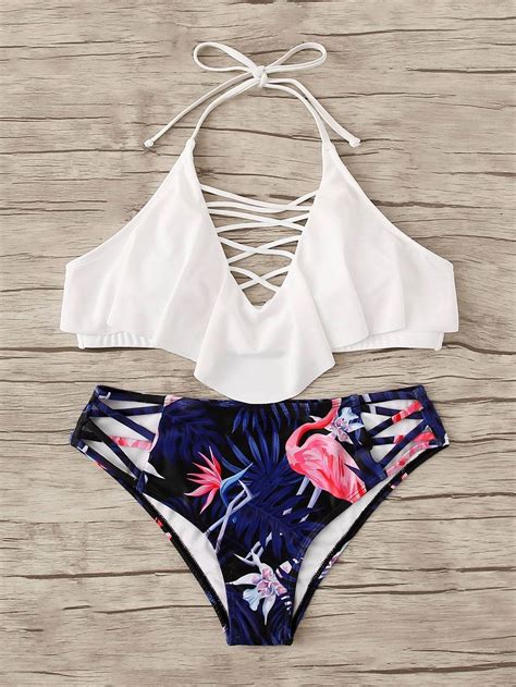 White Flounce Hanky Hem Laced Up Halter Top Swimsuit Floral Bikini