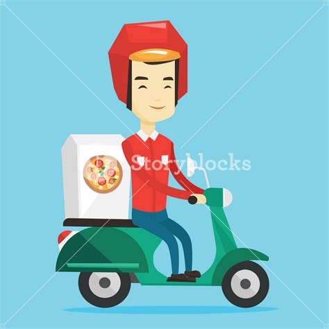 Asian Man Delivering Pizza On Scooter Courier Driving A Motorbike And