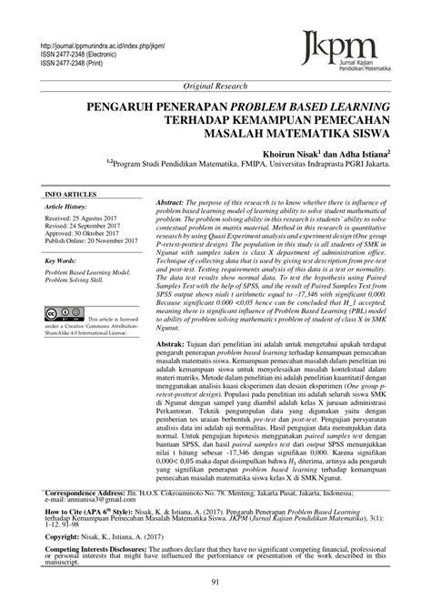 Pdf Pengaruh Pembelajaran Pbl Problem Based Learning Terhadap
