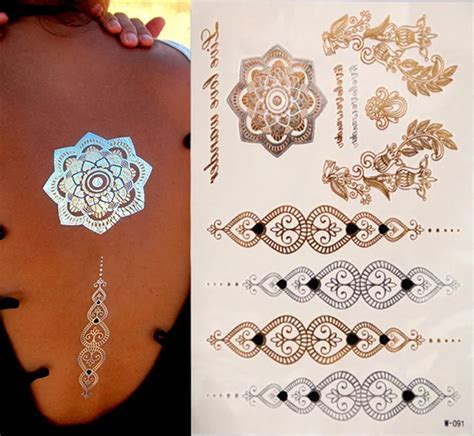 hot flashes of gold silver metal waterproof henna tattoos women water blue green bracelet wrist