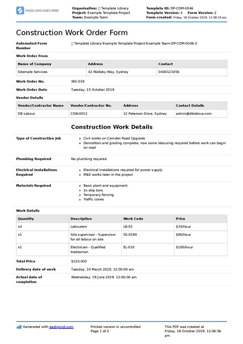 Construction Work Order Template Free And Customisable Template