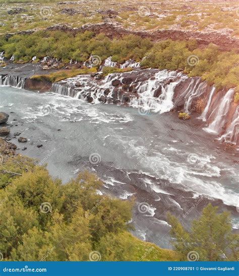 Hraunfossar Waterfalls Iceland Aerial View From Drone On A Summer Day