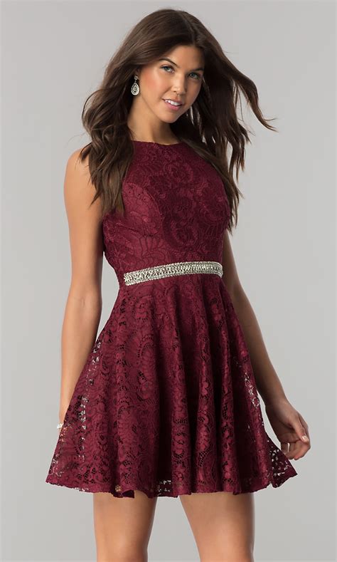We have hundreds of burgundy evening dresses which are sure to please you. Jeweled-Waist Short Burgundy Red Lace Party Dress