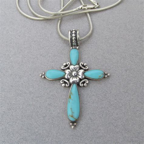 Long Vintage Sterling Silver Turquoise Flower Cross Pendant Necklace