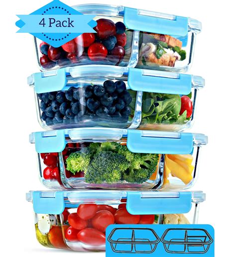 Glass Meal Prep Containers 4 Pack 30 Oz 2 And 3 Compartment Food