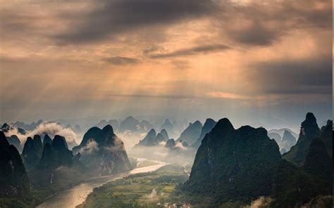 Mountain Mist River Nature Guilin China Landscape Sun Rays