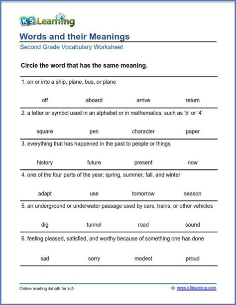 Grade 2 Vocabulary Worksheet Words And Their Meanings Spelling