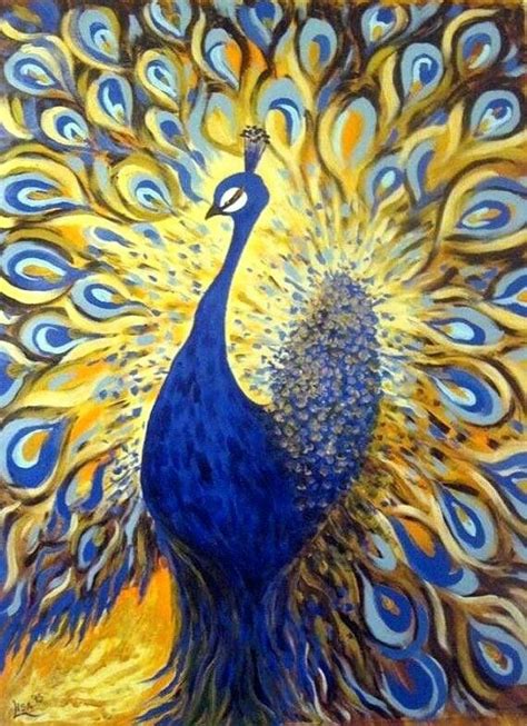 Peacock Wall Art Peacock Painting Gold Leaf Painting Peacock Blue