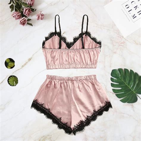 sexy pink satin spaghetti strap camisole and panty lace trims lingerie set n20680