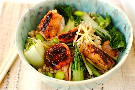 Teriyaki Salmon Rice Bowl Vegan Option Food To Glow