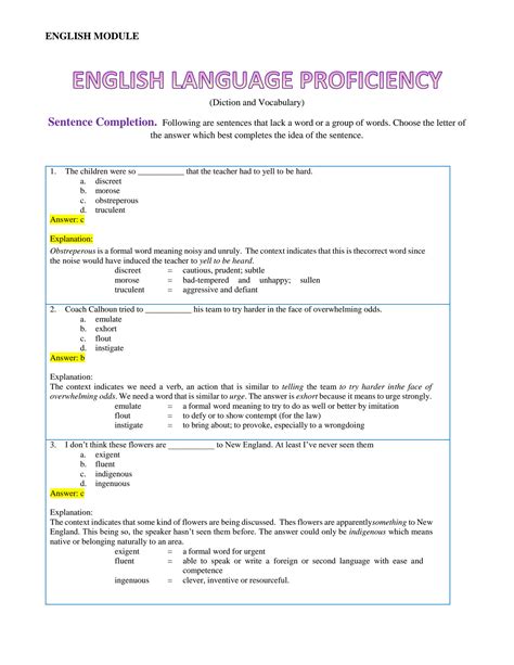 Solution Eng English Language Proficiency Diction And Vocabulary