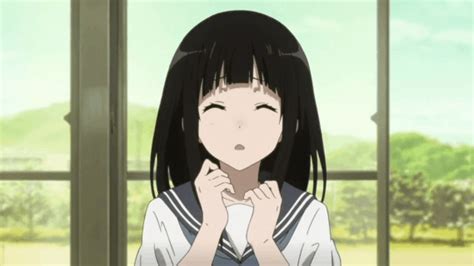 Chitanda Eru Hyouka Animated Animated  10s 1girl Black Hair Hime Cut Sneezing Image