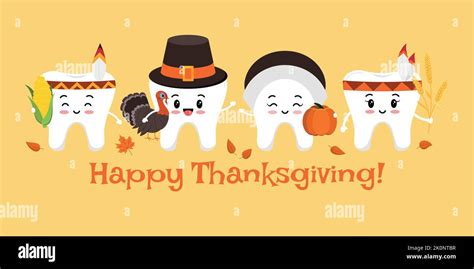 Thanksgiving Happy Teeth On Dentist Card Vector Illustration Stock