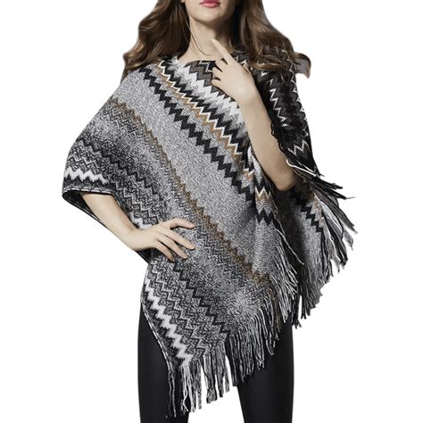 Lisli Womens Tassels Striped Pullover Knitted Poncho Cape Shawl
