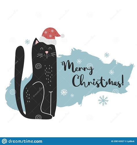 Black Cat In Santas Hat Merry Christmas Greeting Card Stock Vector