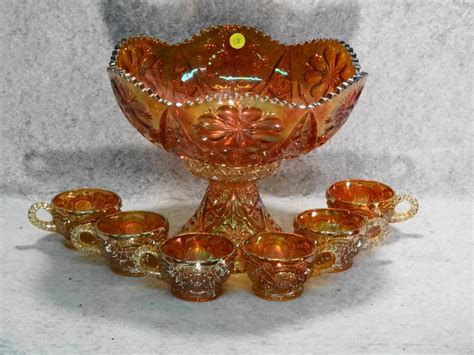 Lot 8pc Vintage Marigold Carnival Glass Punch Bowl Set