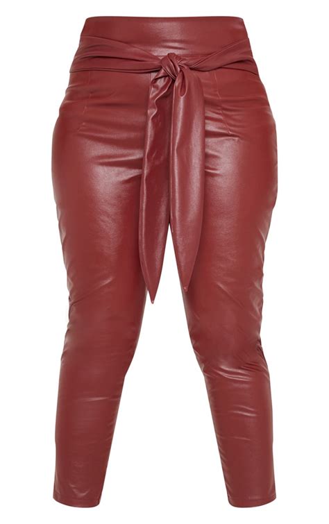 Plus Burgundy Faux Leather Belt Pants Prettylittlething Usa