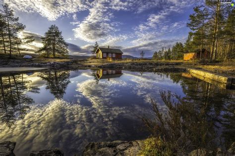 Lake House Reflection Clouds Viewes Norway Ringerike Trees For