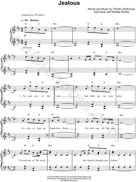 Labrinth Jealous Sheet Music Easy Piano In D Major Download