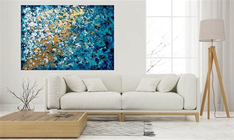 Teal Abstract Art Turquoise Blue Painting On Canvas Gold Etsy