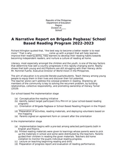 Narrative On Brigada Pagbasa Report 2022 2023 Republic Of The