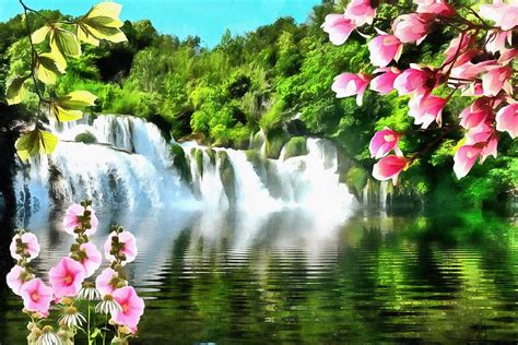 Beautiful Waterfall An Flower Wallpaper For Mobile Phone