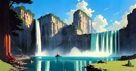 Magical Waterfall Jungle Forest Illustration River Stream On Landscape