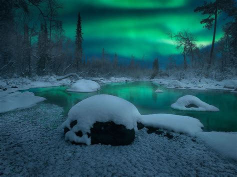 Snow Covered Aurora Borealis River During Nighttime Winter Hd Desktop