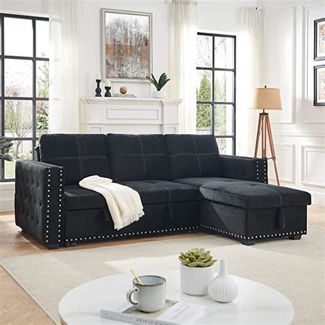 Habitrio Sectional Sofa With Pull Out Bed Solid Wood And Velvet