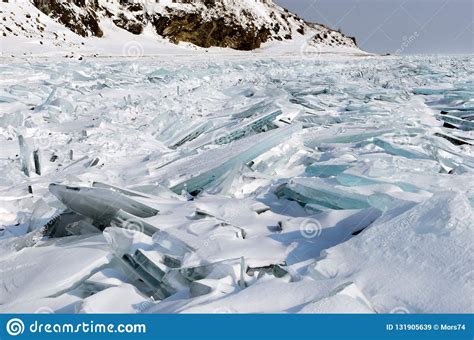 Lake Baikal In Winter Ice Hummock Pure Blue Floes And White Snow Stock