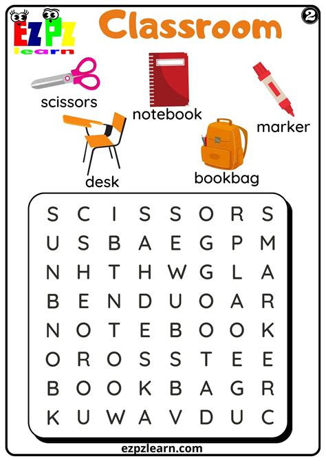 Classroom Word Search Worksheet Set 2 For Kids