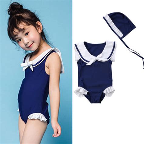 Navy Blue Cute Kids Baby Girls One Piece Sailor Tankini Bikini Swimsuit