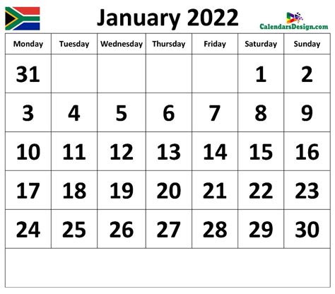 January 2022 Calendar South Africa