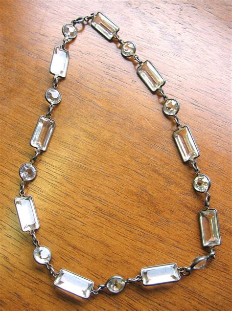 Vintage Art Deco Sterling Silver Bezel Set Crystal Necklace Baguette