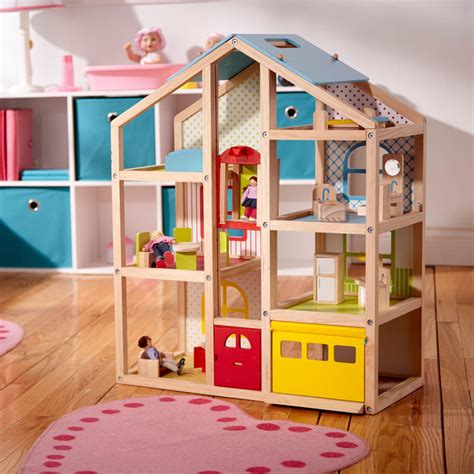 Hi Rise Wooden Dollhouse And Furniture Set Melissa And Doug