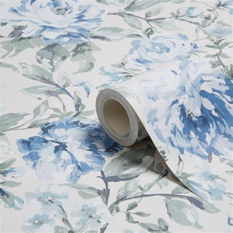 K2 Painterly Blue And Cream Floral Wallpaper Departments Diy At Bandq