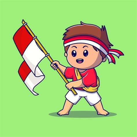 Premium Vector Cute Boy Holding Indonesian Flag Cartoon Vector Icon