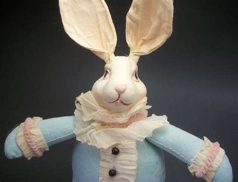Vintage Hand Painted Fabric Resin Bunny Rabbit Art Doll With Weighted