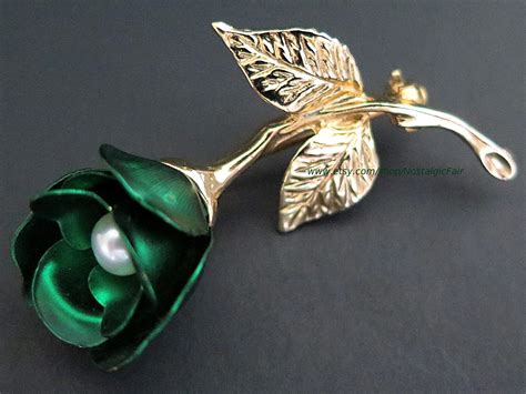 Vintage Rose Pin Green Bud Faux Pearl Textured Leaves Gold Tone